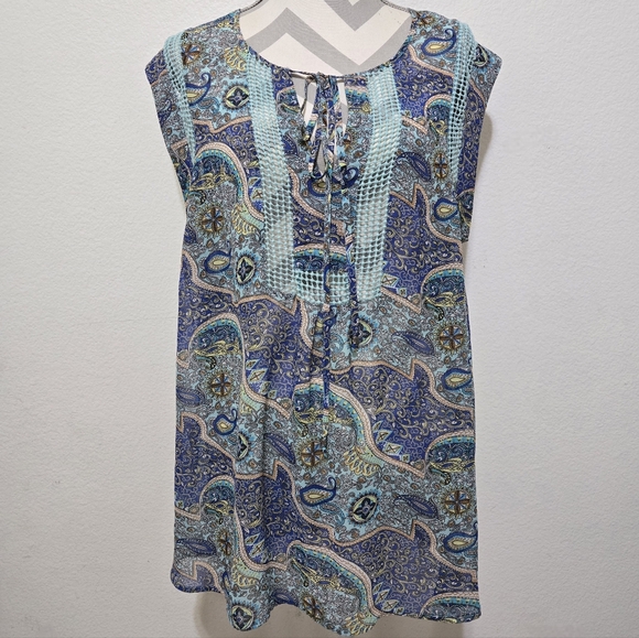 DANIEL RAINN Blue Boho Style Short Cap Sleeve Sheer Blouse Crochet Lace Size 1X - Picture 3 of 10